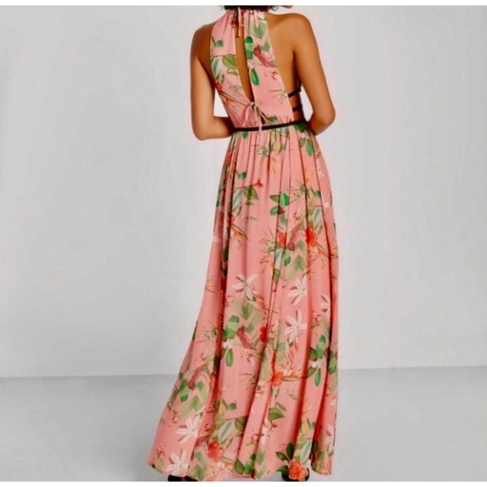 Express‎ Pink Tropical Floral Cutout Halter Maxi Dress Boho Resort Size M Flowy! - Picture 2 of 8